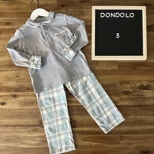 Dondolo Grey Cream Blue Polo Long Sleeve Knit Shirt Plaid Flannel Pant Set 3
